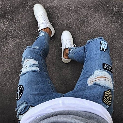 iYYVV Mens Skinny Stretch Denim Pants Distressed Ripped Frayed Slim Fit Jeans Trousers