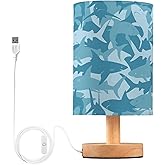 YYZZH Table Lamp Blue Shark Pattern Marine Animal Nightstand Lamp with Wood Base Fabric Lamp Shade Bedside Desk Lamp for Living Room Bedroom Kids Room Office