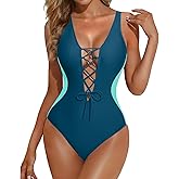 Aqua Eve Womens One Piece Swimsuits Tummy Control- Sexy Slimming Bathing Suit Color Block Lace Up Swimwear 2025