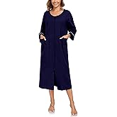 EA'S SECRET Women 100% Cotton Robes Lightweight Zipper Front 3/4 Sleeve Full Length Housecoat with Pockets Loungewear