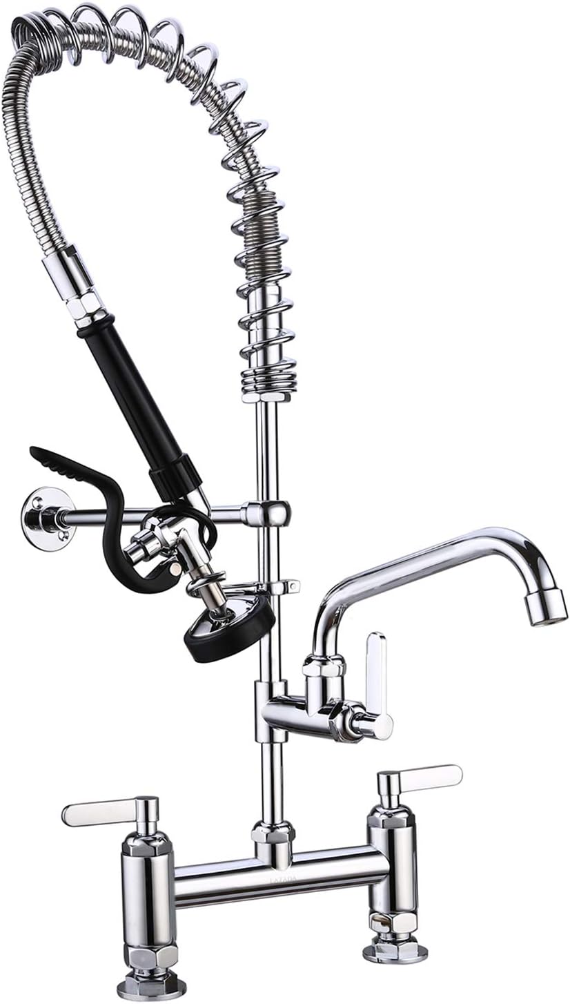 Fonveth Deck Mount Commercial Sink Faucet Pre-Rinse Spring Faucet Brass Construction Polished Chrome Pull Down Kitchen Sink Faucet with Sprayer, 8.07"Center 28.35" Height