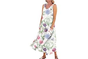 FONMA Summer Dress for Women 2024 Plus Size Sundress Floral Crewneck Sleeveless Dress Cotton Linen Beach Dress with Pockets