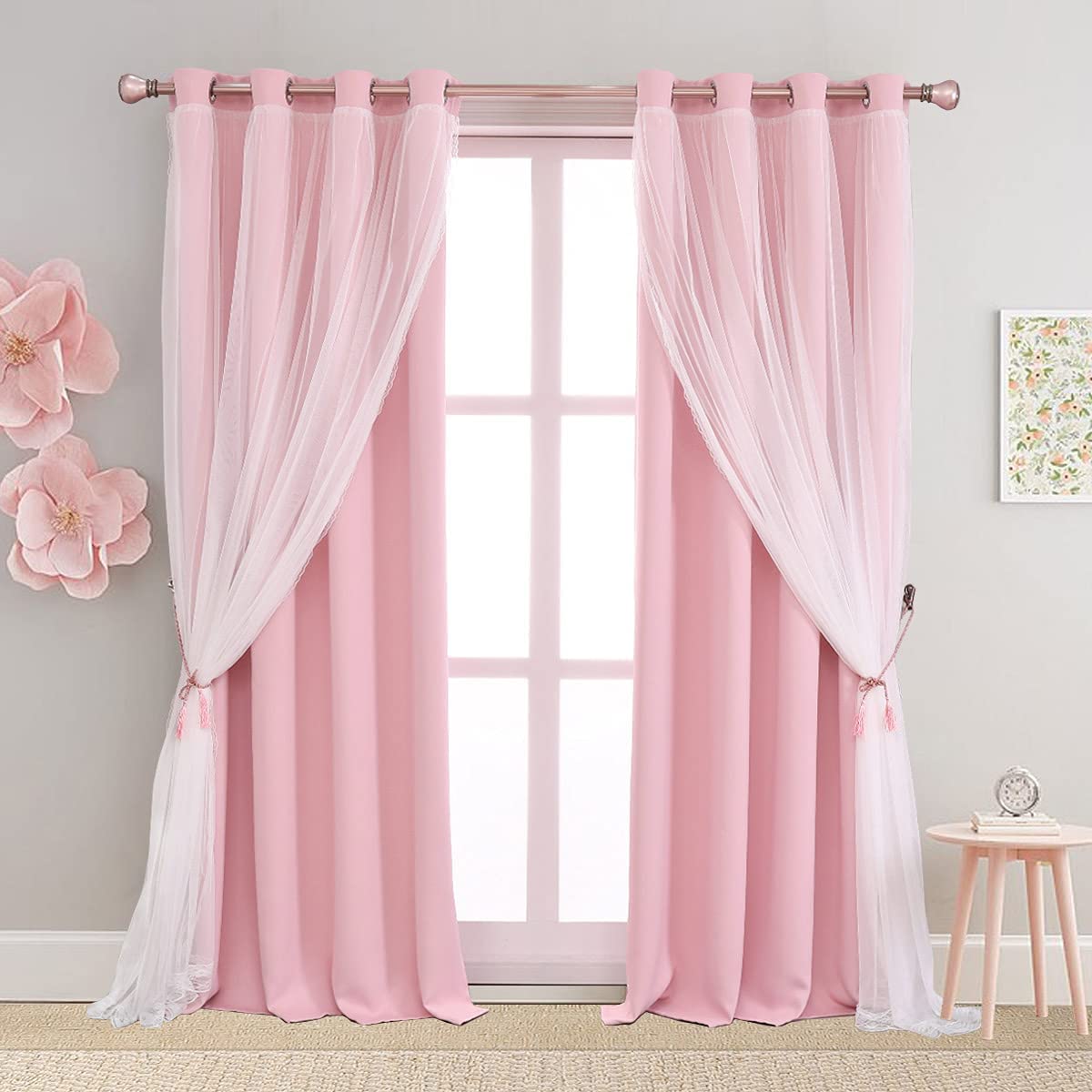 SOFJAGETQ Double Layer Curtains - 90 Inch Length, Mix and Match Pink Blackout with White Sheer Voile for Bedroom and Living Room, Light Blocking, 52 x 90 inch