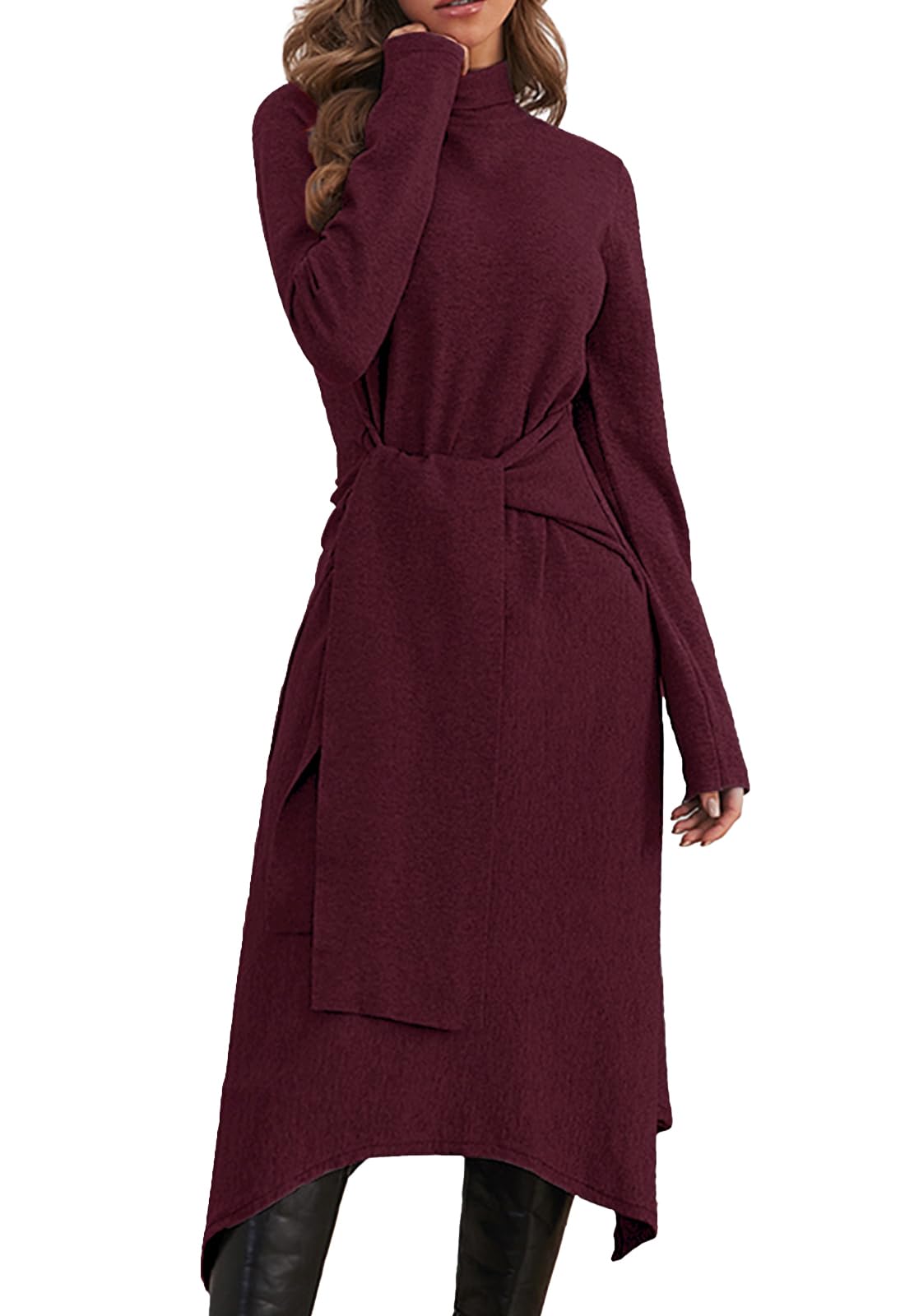 Photo 1 of ***MAJOR DAMAGE*** Jayscreate Women's Fall Sweater Dress 2023 Long Sleeve Midi Tie Front A-Line High Waist Winter Business Casual Dress Wine Red