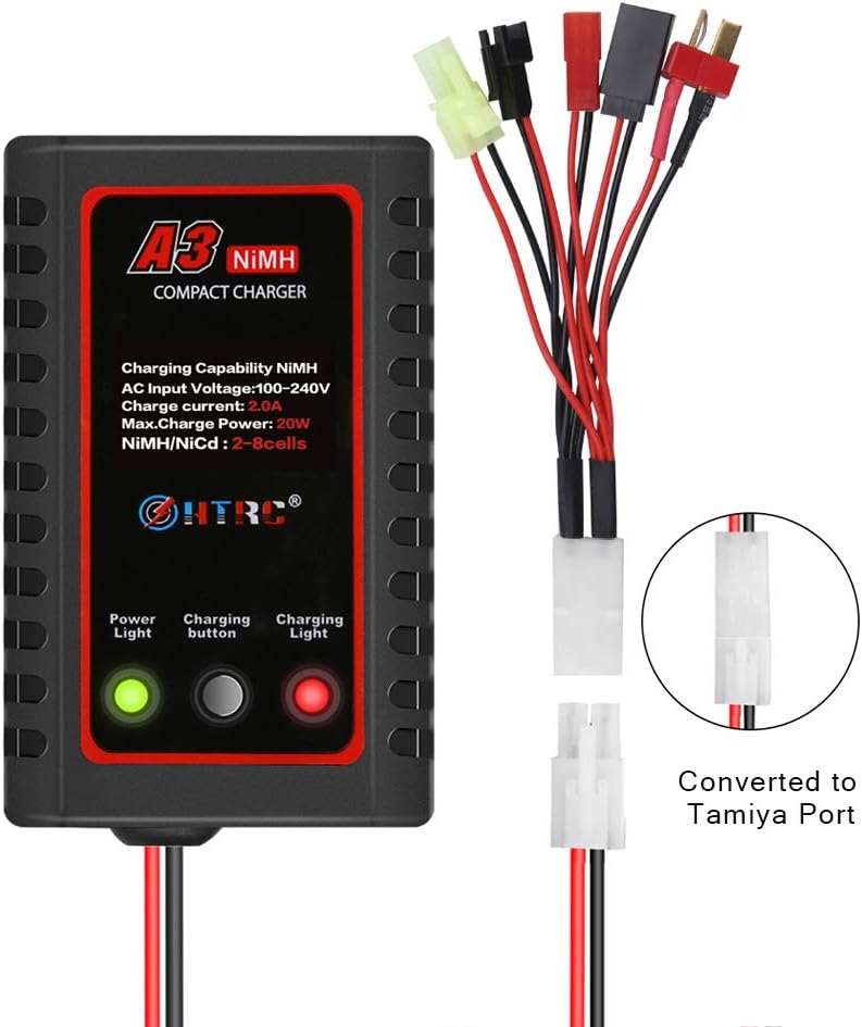 Haisito Nimh/NiCd Charger for 2.4-9.6V Battery, A3 2-8S Charger with Mini Tamiya Connector and Tamiya Standard Adapter, AC 100-240V Output 20W/2A Charger for RC Drone Car Boat Airsoft Battery