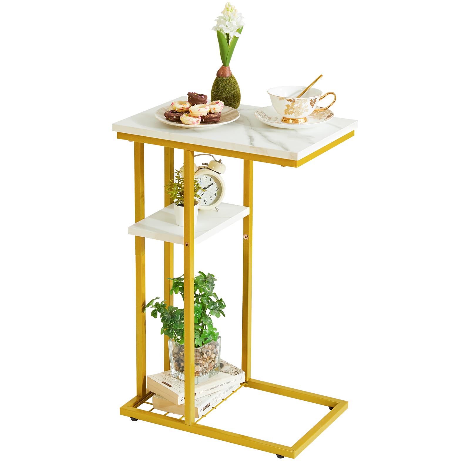 YMYNY C Shaped Side Table, Small Sofa Table Coffee Table for Small Space, Narrow Bedside Tables for Living Room, Bedroom, 40 × 26 × 61.5CM, Marble pattern white and gold HST004W