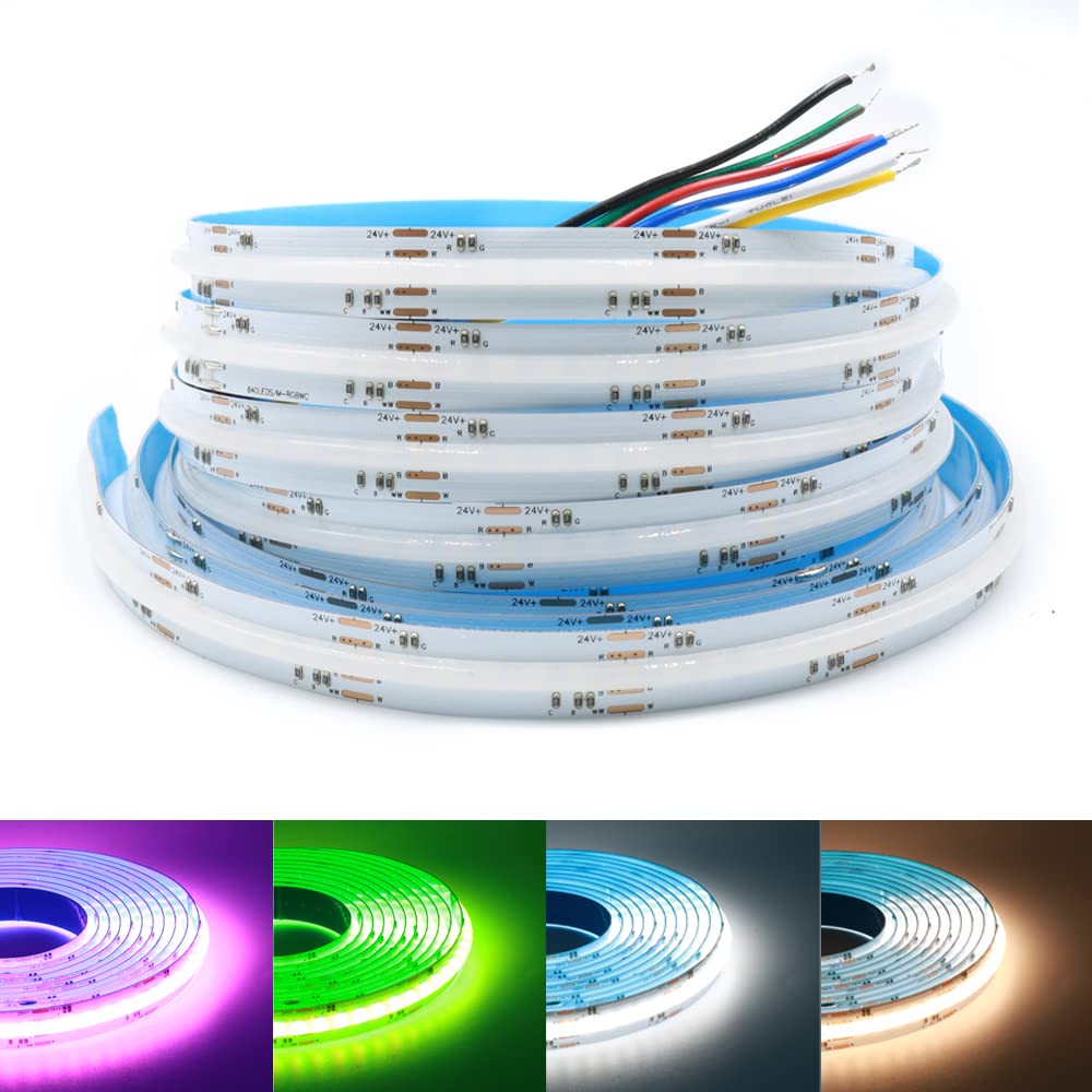 Arotelicht COB LED Strip RGB CCT RGB+WW+CW 24V 3M, LED Stripes 6 pin dimmable Fairy Lights High Density 840LEDs/M 21W/M 12mm Width Multicolor IP20 for Bedroom Kitchen Home Interior Decoration