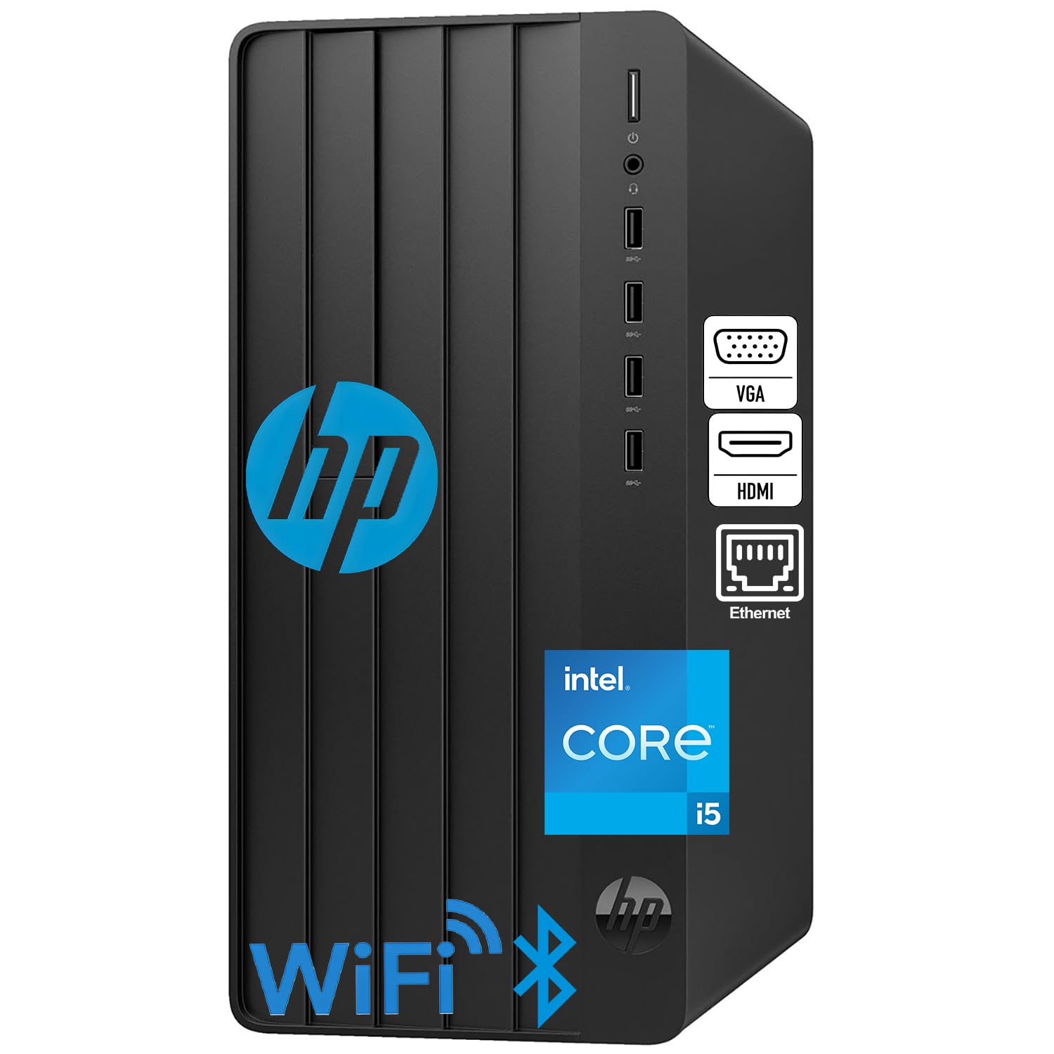 HP Desktop Computers Tower PC for Home and Business, Intel 6-Core i5-12500, 8GB DDR4 RAM, 512GB PCIe SSD, UHD Graphics 770, WiFi, Bluetooth, RJ-45, HDMI, VGA, Keyboard and Mouse, Windows 11 Home Image
