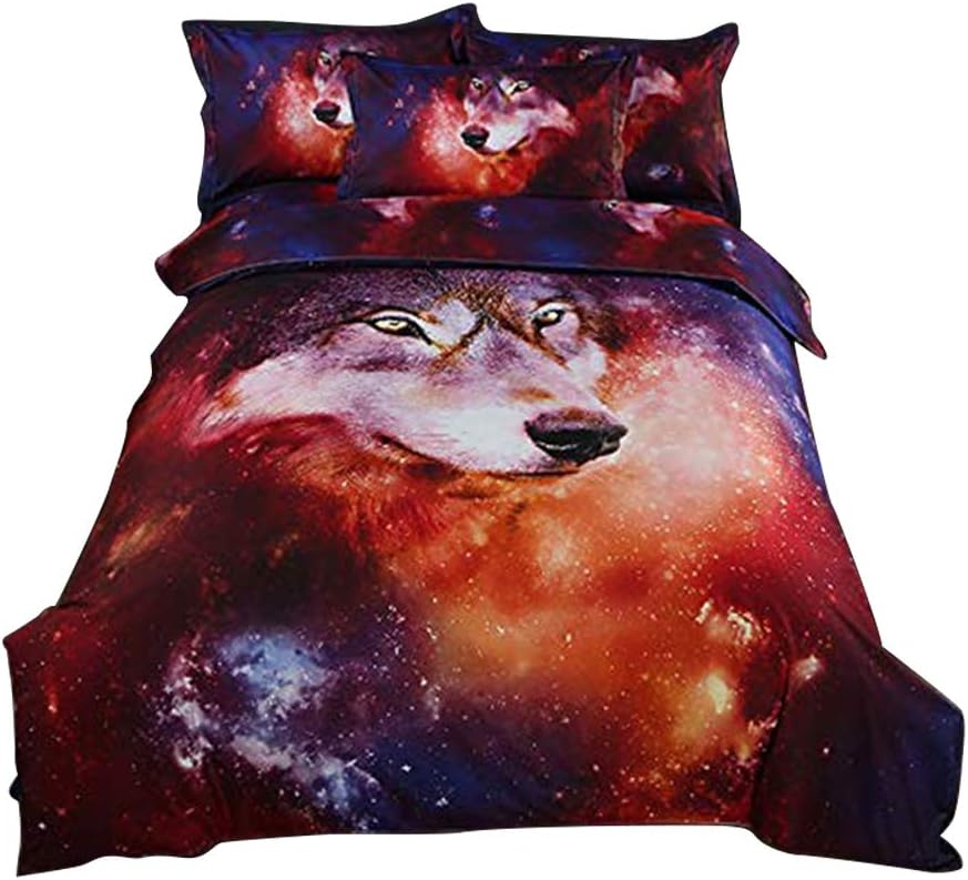ZHH Wolf Duvet Cover Set Galaxy Theme Bedding Set Soft and Comfortable 3D Starry Pattern Comforter Cover Set for Kids Boys Twin Size 3 Pcs (1 Duvet Cover+ 2 Pillowshams)