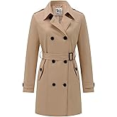 KVE Classic Women's Trench Coat, Mid-Length Belted Windproof Double Breasted Overcoat Jacket