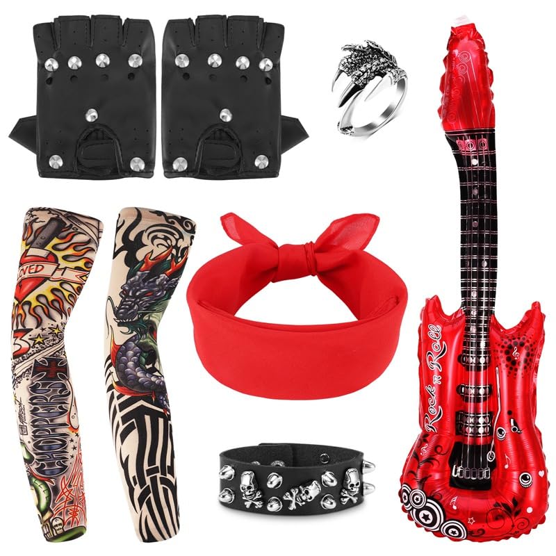 Heyu-Lotus 8 Pcs Punk Rock Star Fancy Dress Costume Set, Gothic Rocker Adult Accessories with Gloves Sunglasses Bandana Tattoo Sleeves Bracelet Ring Inflatable Guitar Microphone