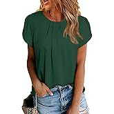 Dokotoo Women's Casual Round Neck Basic Pleated Tops Short Sleeve Loose Fit Curved Back Chiffon Blouses Tshirts