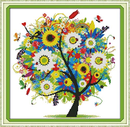 Cross Stitch Stamped Kits Quilt Pre-Printed Patterns Cross-Stitching for Beginner Kids Adults 14CT Embroidery Crafts Needlepoint Starter Kits Happy Tree Kits for Home Decoration