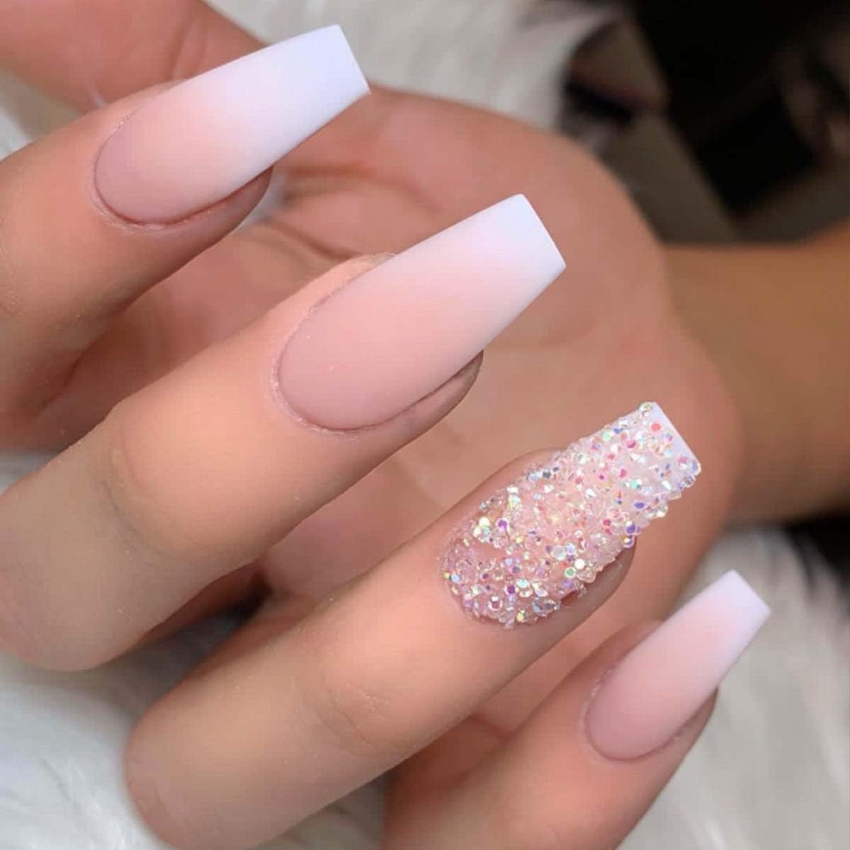 Medium Press on Nails Coffin Fake Nails Rhinestone with Matte Gradient Design Pink Acrylic False Nails Full Cover Artificial Glue on Nails Stick on Nails for Women and Girls Nail Decoration 24Pcs
