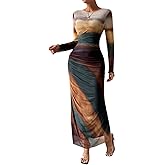 LIGHT DOT Women's Printed Bodycon Maxi Dress Long Sleeve Tie Dye Mesh Ruched Cocktail Dress