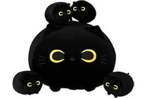 SQEQE Black Cat Plush, Black Cat Stuffed Animals Plushie with 4 Cute Babies Cat Plushies in her Tummy, Soft Black Cat Plushie Pillow Gifts for Kids