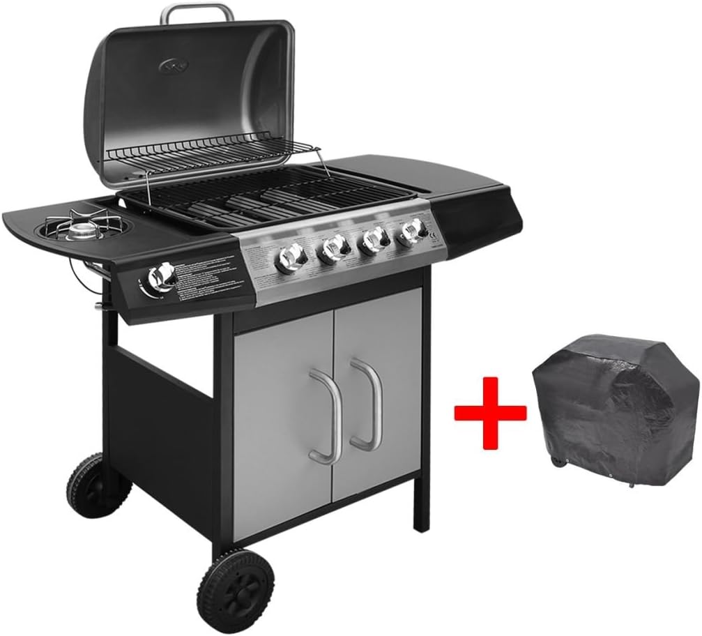 vidaXL Gasgrill mit 4 Brennern 1 Seitenbrenner BBQ Grill Standgrill Grillwagen Grillstation Gartengrill Wagengrill Barbecue Schwarz Silbern