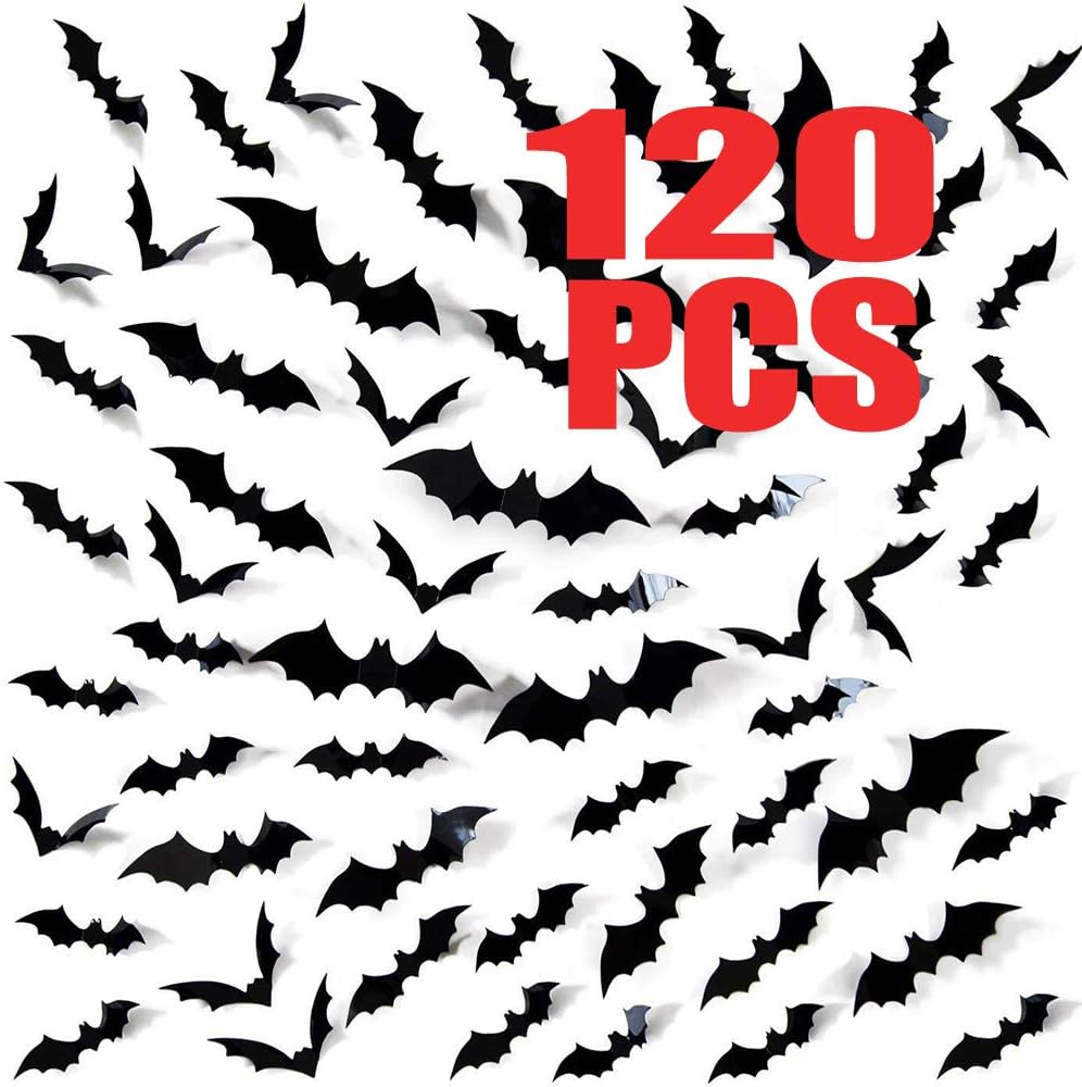 120 Pack Halloween 3D Bats Decoration, Hallowmas Party Supplies Scary Bat Sticker for Home Decor DIY Window Decal Bathroom Indoor