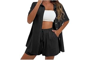 azrian Cotton Linen Outfits for Women 2 Piece Sets Short Sleeve Button Dwon Shirt and Short Pockets Casual Loose Top Summer