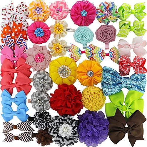 QingHan Hair Flowers Clips Grosgrain Ribbon Boutique bows For Babies Girls Teens Kids Toddlers Pack Of 40