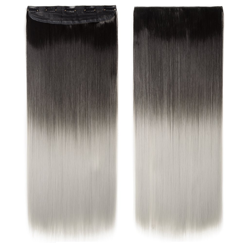 25"/63CM One Piece Clip In Hair Extensions Ombre Straight Hairpieces 5 Clips Silky Synthetic - Dark Black to Silver Grey(Weight:120g)