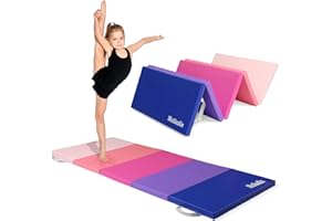 Matladin Folding Gymnastics Gym Exercise Aerobics Mat, 76"L x 30"W x 1.5"Th Folding Exercise Mat, Easy to Clean PU Leather Tumbling Mats for Stretching Yoga Cheerleading Martial Arts, Kid Play(Pink ,Blue）