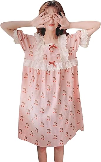 Amazon Patypeetyネグリジェ レディース 可愛い 韓国風 花柄 綿100 夏 パジャマ ゆったり大きい目ワンピース フリーサイズ ブルー ピンク ピンク ルームワンピース ネグリジェ 通販
