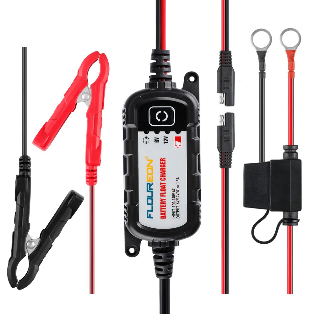FLOUREON 1.5Amp 6V/12V Car Battery Charger and Maintainer with 5 Steps Fully Auto Detect Charging for Cars, Motorcycles, ATVs, RVs, Powersports, Boat, Rescue and Recover Lead Acid Batteries