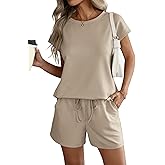 ATHMILE Womens Two Piece Sets Summer Crew Neck Cap Sleeve Tops Lounge Shorts Beach Vacation Rompers Outfits With Pockets