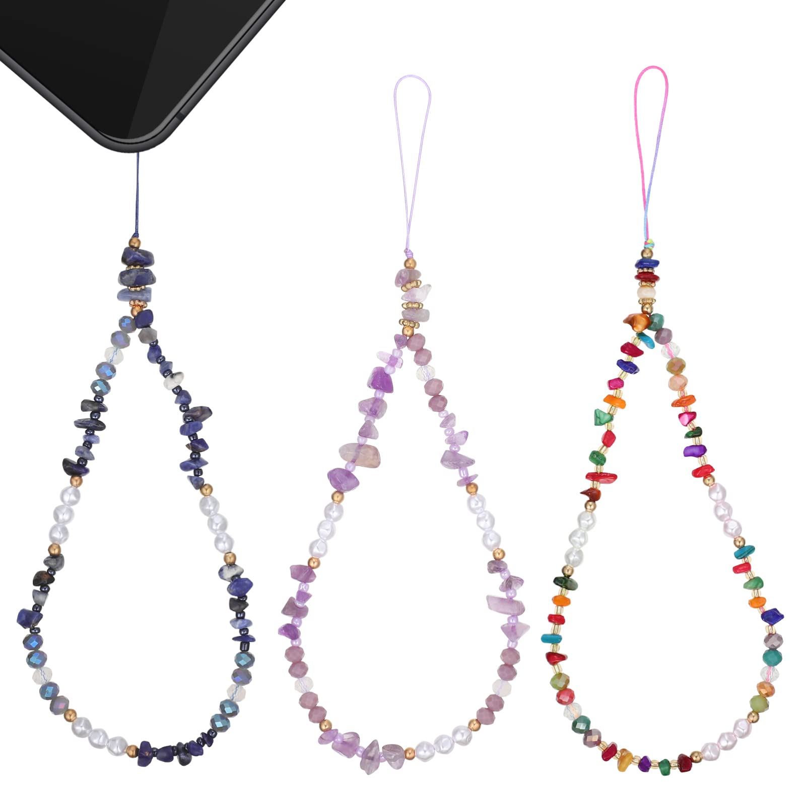 Ifundom 3PCS Beaded Phone Charm - Handmade Natural Stone Lanyard Wrist Strap With Beads Chain - Anti-Lost Bracelet for Girls