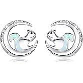 Squirrel Earrings Sterling Silver Cute Opal Little Squirrel Earrings Hypoallergenic Stud Lovely Small Animal Jewelry Gift for Women Girlfriend Daughter Teen Sensitive Ears