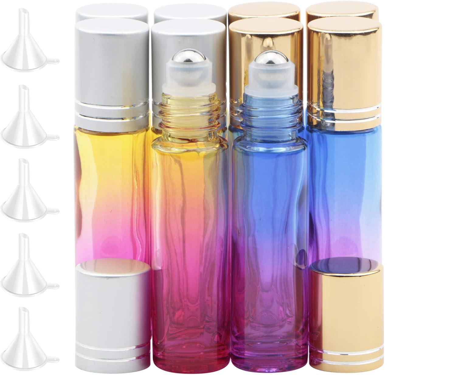 Rowiz 10PCS 10ml Gradient Color Glass Bottle Leakproof Glass Bottle Essential Oil Roller Bottles Set With Stainless Steel Balls And Gold or Silver Screwcap For Perfume & Aromatherapy Oils