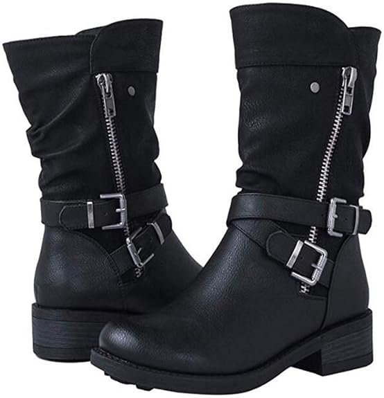 BURFLY Women's Fashion Wide Calf Biker Boots Leather Mid Calf Boots