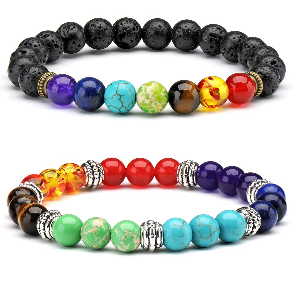 Senlinmu 2x Men Women 8mm Lava Rock Chakra Beads Elastic Natural Stone Yoga Bracelet Bangle