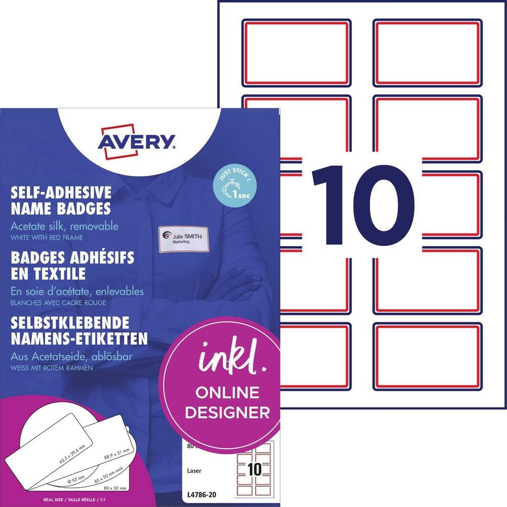 Avery Name Badge Labels Laser Self-adhesive 80x50mm Red Border Ref L4786-20 [200 Labels] (L4786-20)
