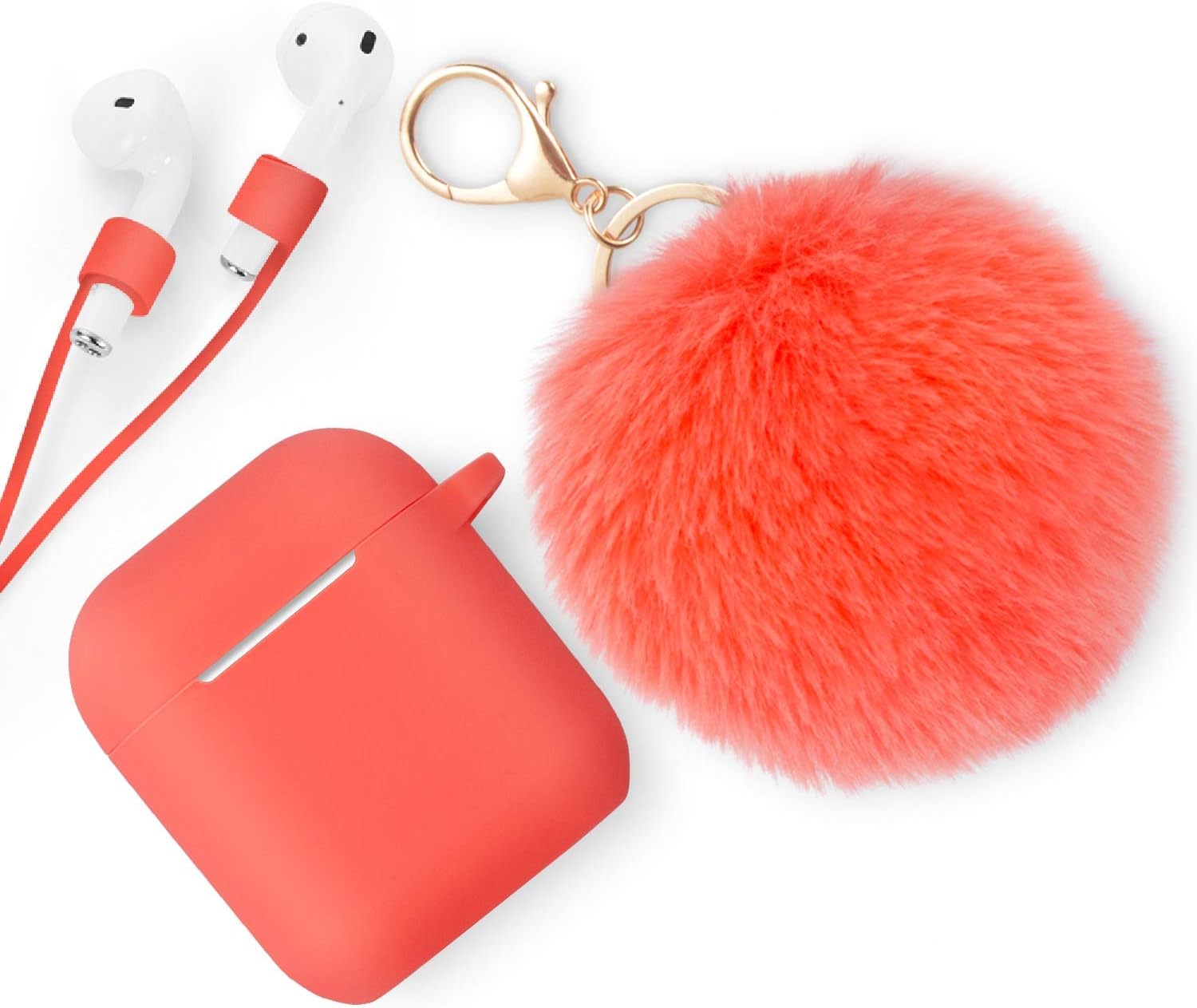Xmifer AirPods Case, Cute Airpods Case Keychain Drop Proof (Silicone Skin for AirPods Charging Case 2/1) with Fluffy Fur Ball Keychain and Airpods Anti-Lost Strap for Airpods 2/1(Coral)