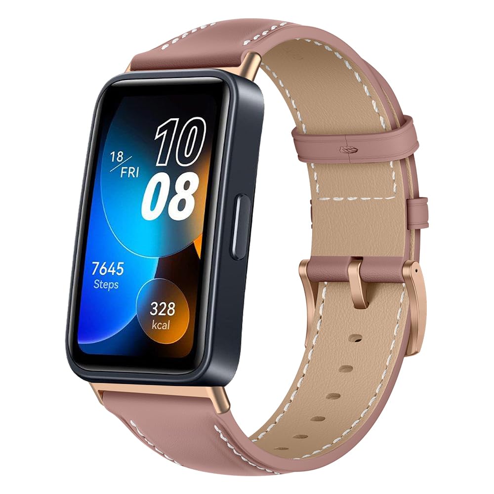 Niboow Compatible for Huawei Band 8/9 / 10 Leather Strap, Men Women Leather Adjustable Watch Band with Stainless Steel Buckle, Soft Replacement Bracelet Strap for Huawei Band 8/9 / 10 - Pink