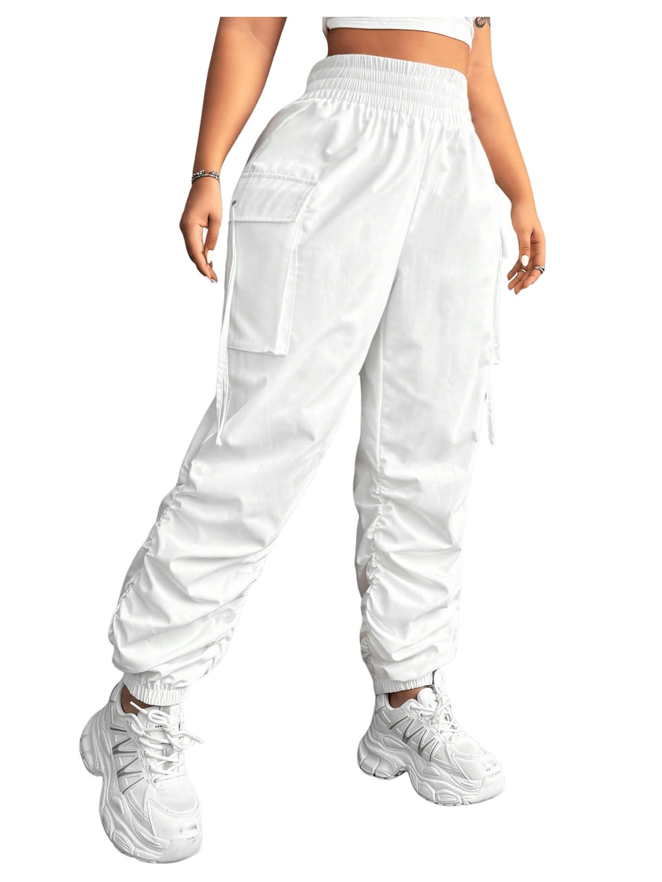 Photo 1 of OYOANGLE Women's Plus Size Cargo Pants Elastic High Waisted Ruched Workout Joggers Pants Streetwear White X-Large Plus