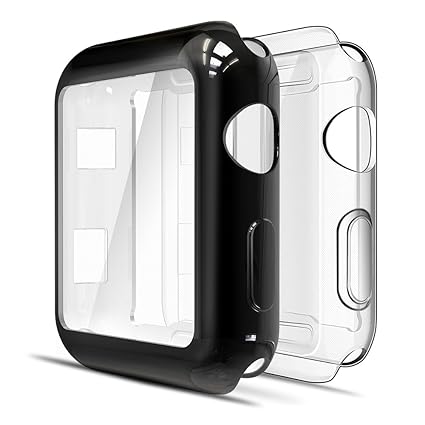 Simpeak Soft Screen Protector Bumper Case Compatible with Apple Watch 38mm Series 2 Series 3, Pack of 2, All-Around, Clear + Plated Black