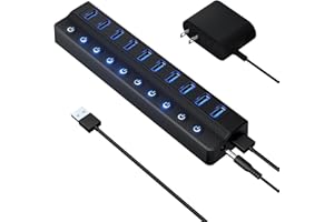 ONFINIO Powered USB Hub 3.0, 10-Port USB Splitter Hub with Individual On/Off Switches and 12V/2A Power Adapter USB Extension for MacBook, Mac Pro/Mini and More