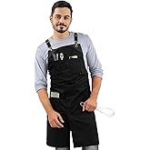 Under NY Sky Cross-Back Deep Black Apron - Durable Twill with Leather Reinforcement and Split-Leg - Adjustable for Men and Women - Pro Chef, Tattoo, Baker, Barista, Bartender, Stylist, Server Aprons