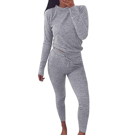 FIRSS Frauen Rundhals Trainingsanzug Geschnallt Kordelzug Einfarbig Jogginganzug Sweatshirt+Sporthose Outfit Bekleidungssets