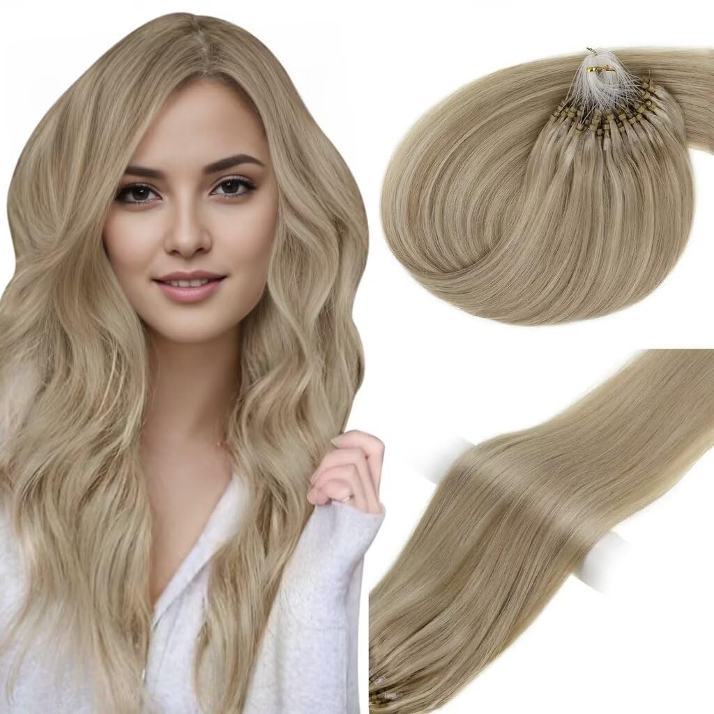 Vivien Micro Loop Hair Extensions Blonde 24Inch Micro Beads Hair Extensions Real Human Hair Highlighted Blonde Micro Ring Hair Extensions Remy Human Hair Long Straight Hair 50g/50s #16/22 โ image 1