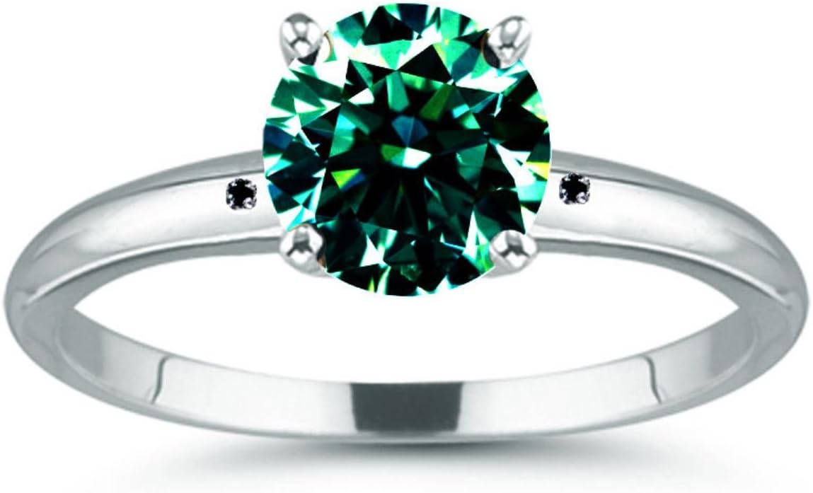 RINGJEWEL 8.80 ct SI1 Round Moissanite Solitaire Silver Plated Engagement Ring Blue Green Color Size 7.