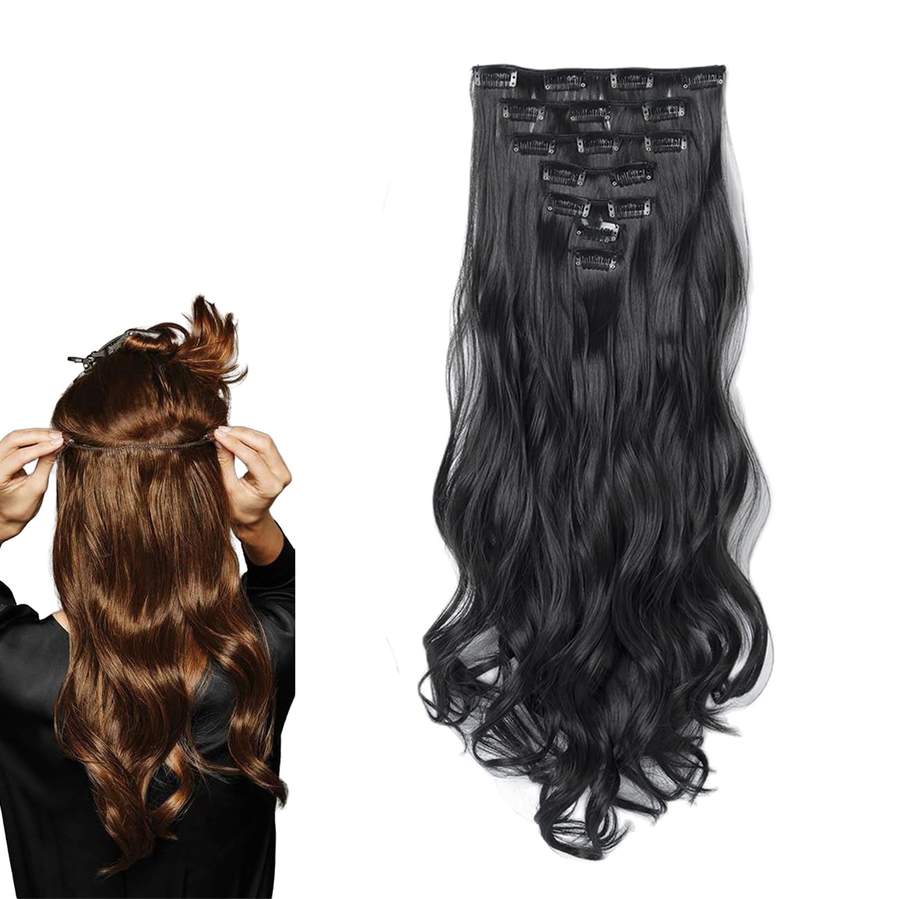 prinfantasy Clip in Hair Extensions Long Wavy Black Clip in Hair Extensions Natural Thick Soft Synthetic Hairpiece for Women Girls Daily Use Party Halloween Natural Black, MW079 — image 1