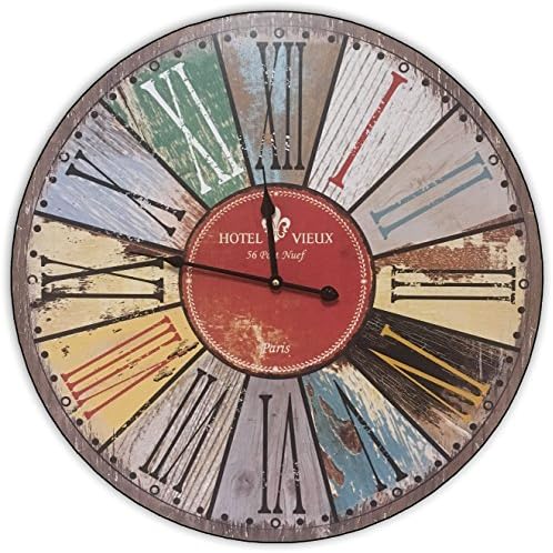 Round Multi Color Decorative Wall Clock With Big Roman Numerals And Distressed Hotel Vieux face 23 x 23 inches Quartz movement …
