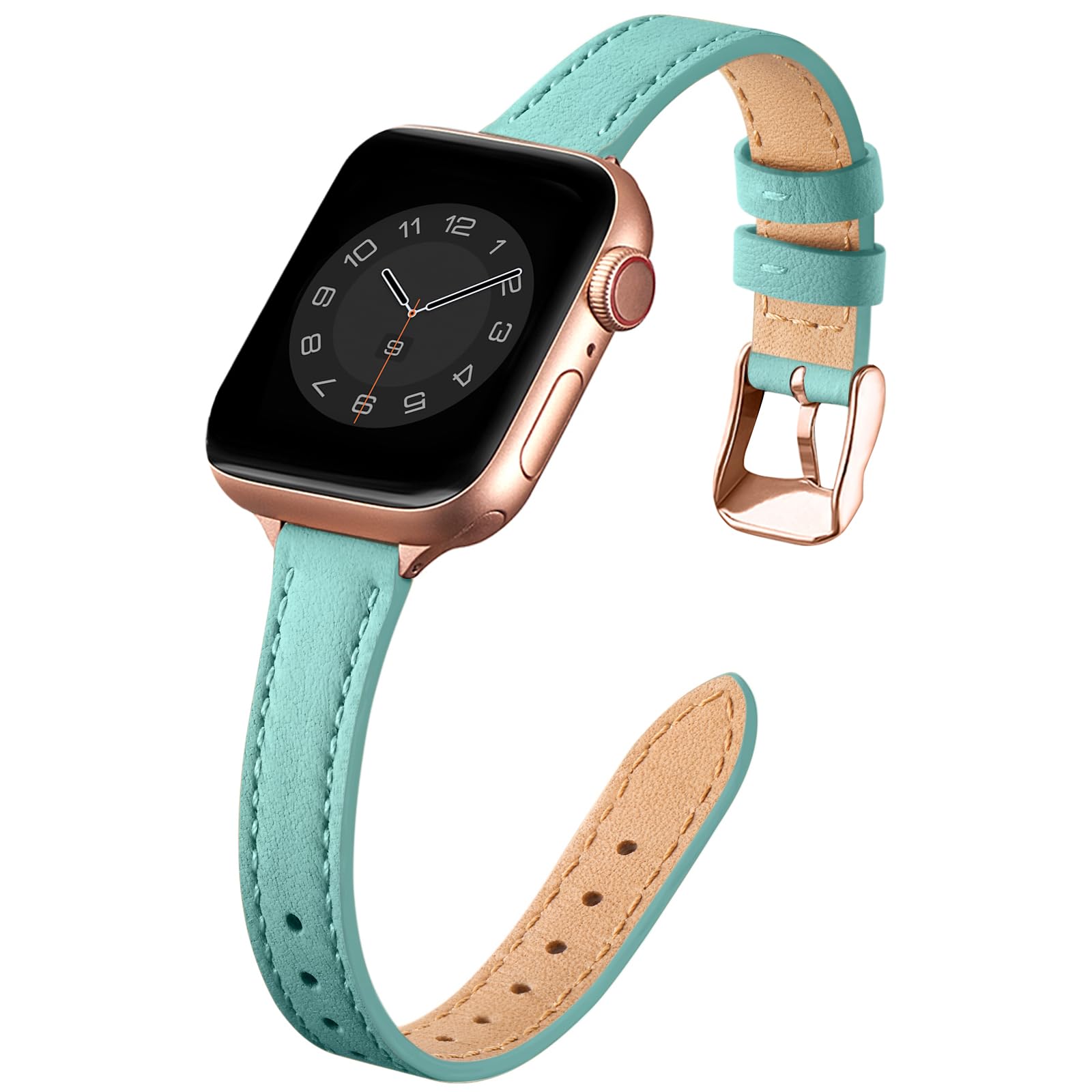 SUNFWR Compatible with Apple Watch Strap 38mm 40mm 41mm,Genuine Leather Strap Replacement,Slim&Thin Wristband for iwatch Series 7/6/5/4/3/2/1,SE(38mm 40mm 41mm,Blue&Rosegold)