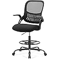 Sweetcrispy Tall Drafting Desk Chair - Ergonomic High Stool Computer with Adjustable Height and Comfy Lumbar Support, Office Rolling Counter with Flip-up Arm and Footrest, Black