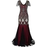 Women Vintage 1920s Gatsby Flapper Evening Party Dress V Neck Art Deco Sequins Mermaid Hem Cocktail Formal Long Maxi Gown