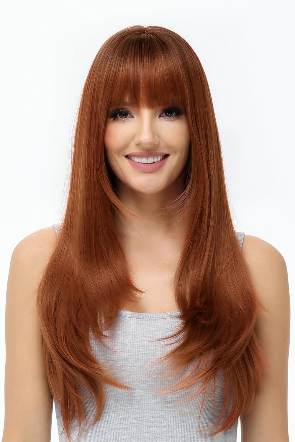 BUYOGET Long Wigs for Women with Fringe Adjustable Straight Synthetic Hair Wig Cosplay Daily Use Wigs 24 inch Ombre Orange